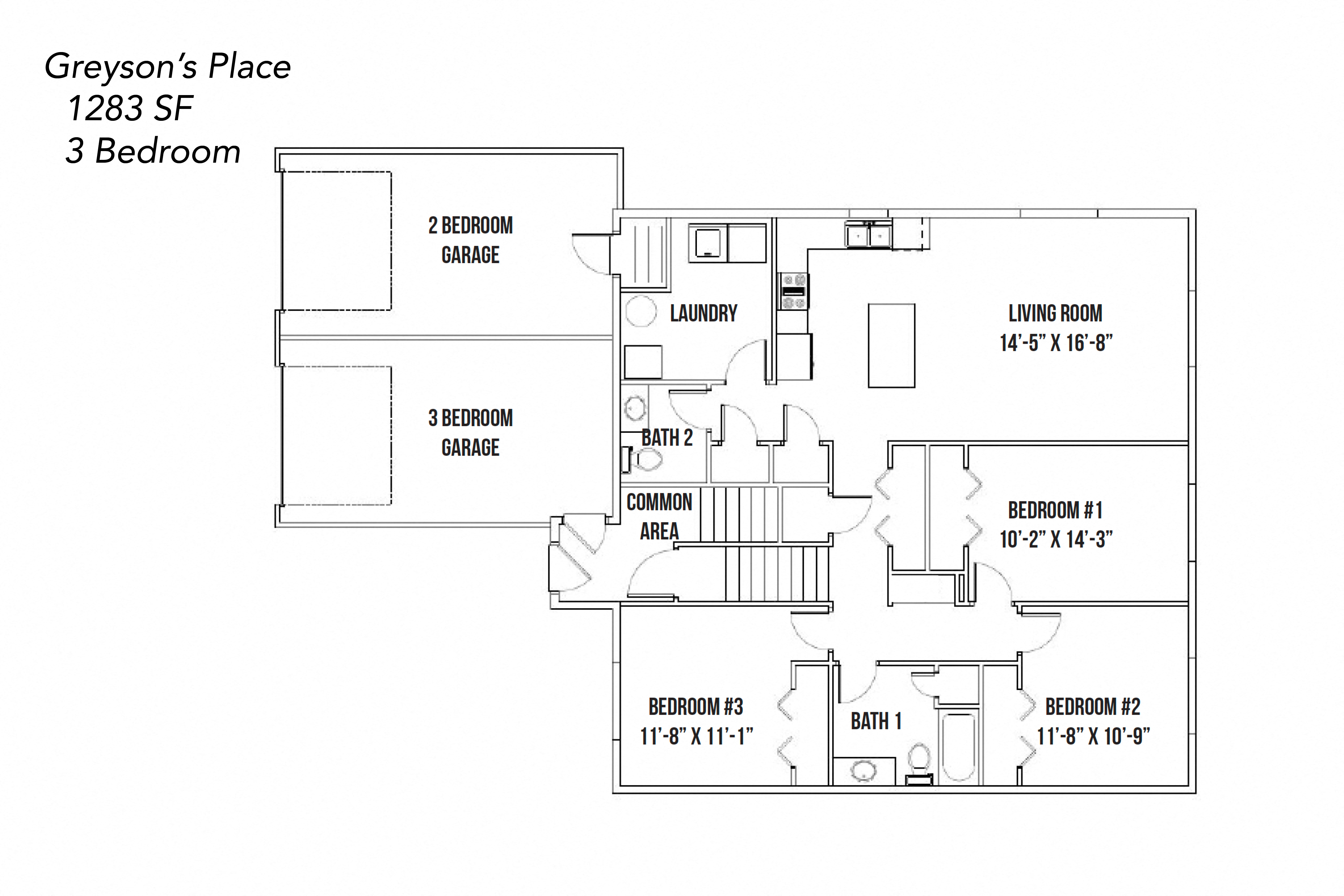Floor plan for 3 beds, 2 baths, 1283 sqft